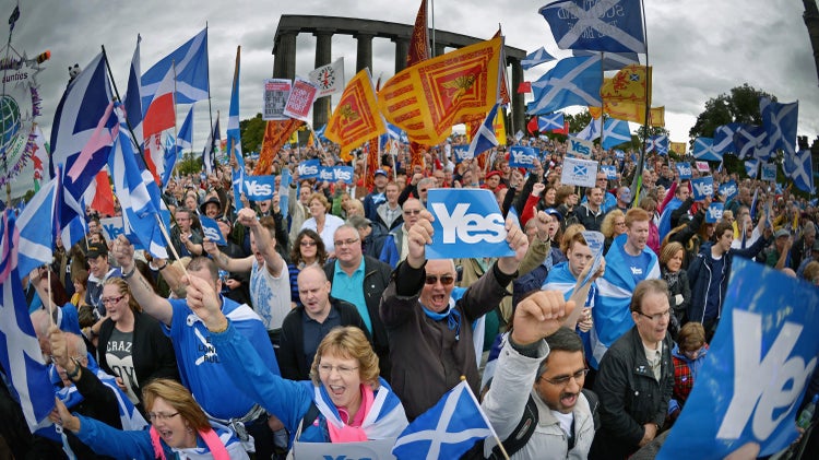 Thousands of pro-independence campaigners attend a rally on Calton Hill on Sept. 21,2013, in Edinburgh, Scotland.